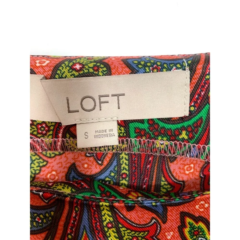 LOFT Women's Filigree Pattern Boat Neck Multicolor Puff Sleeve Blouse Size Small